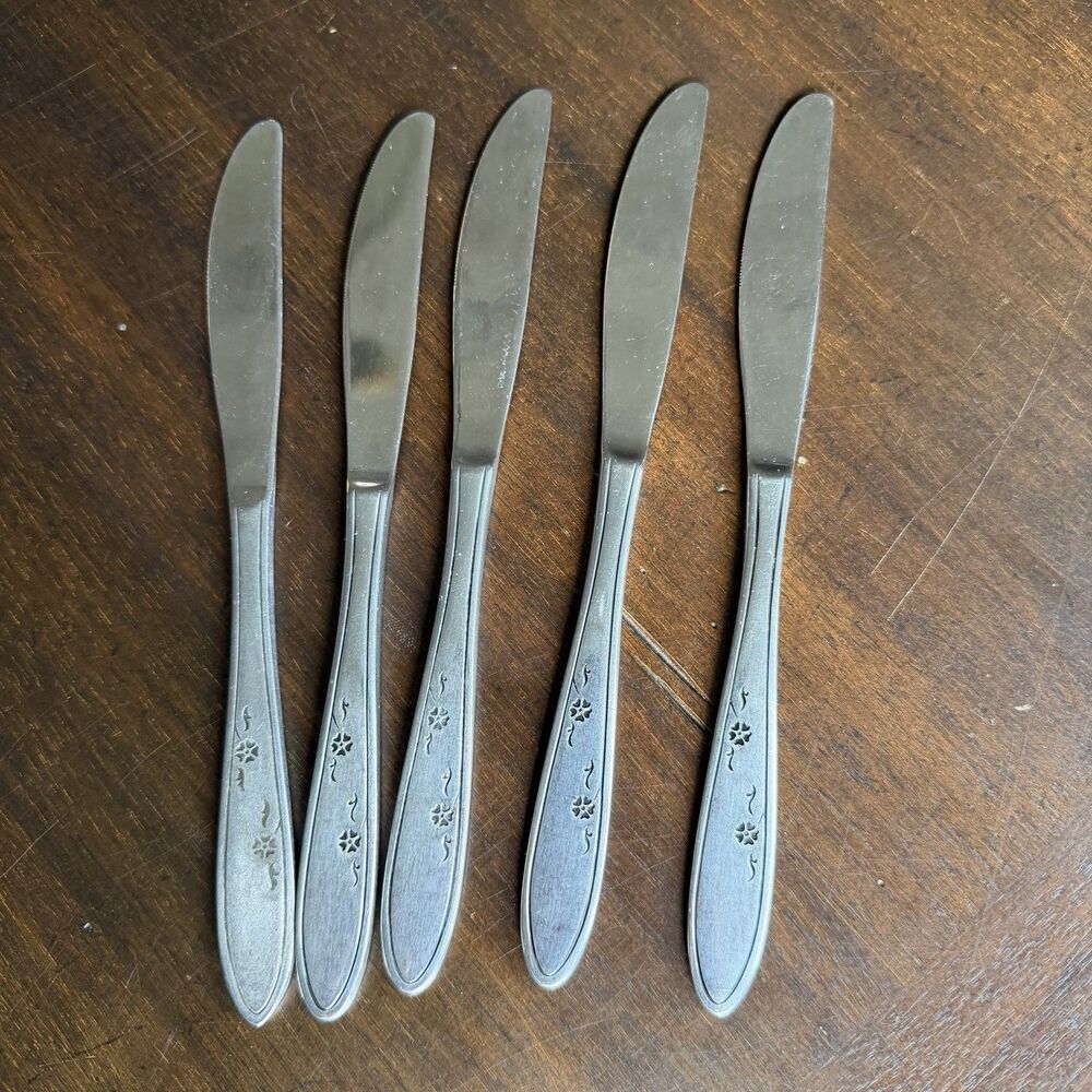Lot of 5 Vintage Imperial IIC Korea FLOWER DANCE Stainless Dinner Knives 8 1/8"